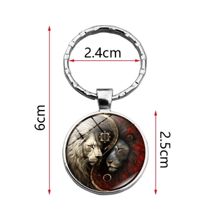 Yin Yang lion glass dome keychain with silver alloy ring and artistic lion illustration