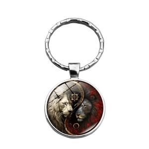 Yin Yang lion glass pendant keychain with silver metal ring and artistic animal pattern