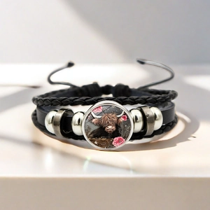 Bracelet Vintage en Similicuir Tissé Multicouche Motif Vache des Highlands Homme Femme Bijoux Boho avec Cabochon en Verre