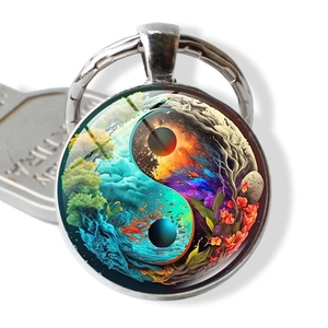Artistic Yin Yang Tree Of Life Time Gem Keychain Circular Glass Dome Zinc Alloy Key Ring For Bag Pendant Spiritual Gift