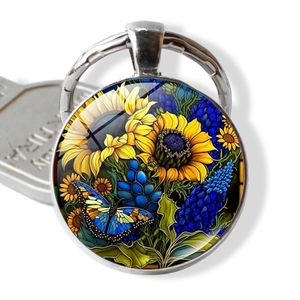 Porte-clés Artistique Tournesol Papillon Gemme du Temps en Alliage de Zinc Pendentif en Verre Bijou de Sac Auto Cadeau
