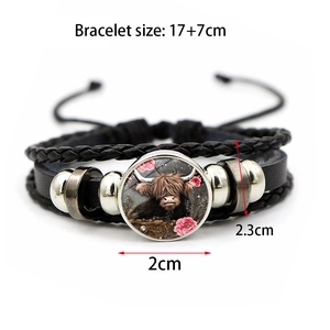 Bracelet rétro multicouche en cuir tressé noir avec gemme de vache des Highlands pour unisexe