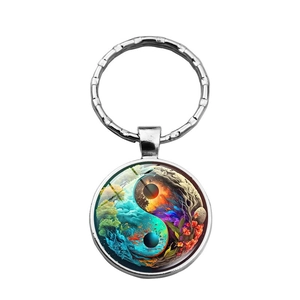 Artistic Yin Yang Tree of Life keychain with colorful glass dome and silver metal ring