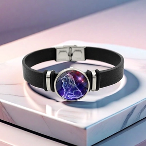 Bracciale a Pressione Dodici Segni Zodiacali in Pelle Nera Artificiale con Ciondolo a Cabochon in Vetro Regalo Gioielli