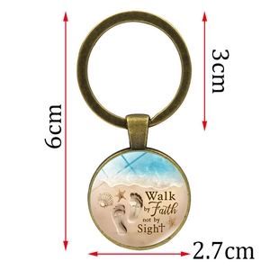 Bronze keychain with 'Walk by Faith not by Sight' glass gem featuring beach and shells