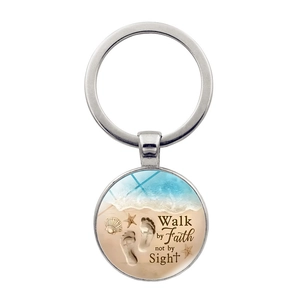 Walk By Faith Not By Sight Bible Verse Time Gem Keychain Metal Glass Round Pendant Religious Christian Gift Zinc Alloy