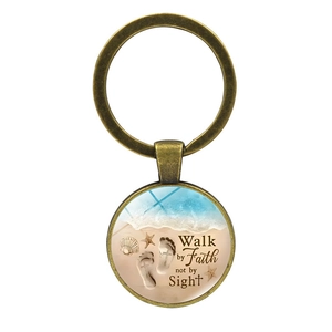 Bronze keychain with sand beach glass cabochon featuring Walk By Faith motivational quote