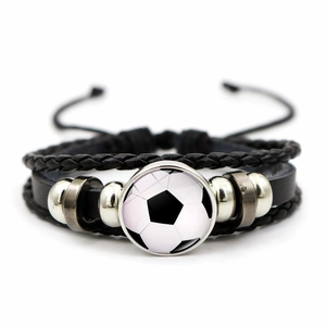 Sports Theme Multi-Layer Braided Faux Leather Bracelet For Men Women Glass Cabochon Football Basketball Patterns Jewelry