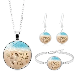 Set di Gioielli Walk By Faith Not By Sight Impronta Spiaggia Lega Placcato Argento Cabochon di Vetro Collana Bracciale Orecchini per Donna