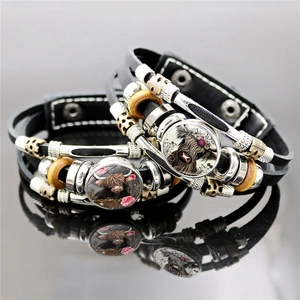 Bracciale Multistrato in Pelle Artificiale Vintage Mucca delle Highlands Bohemien Lega Legno Perline Punk Bottone a Pressione Per Uomo Donna Gioielli
