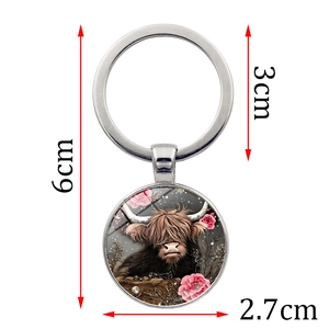 Silver keychain with Highland Cow glass pendant and pink flowers, size 6cm x 3cm