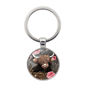 Scottish Highland Cow Glass Cabochon Keychain Vintage Alloy Floral Cow Pendant Key Ring Bag Hanging Ornament Creative Gift