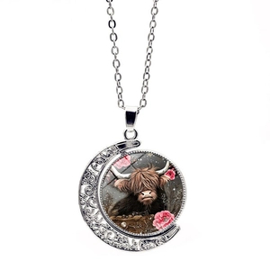 Vintage Rotierende Mond Anhänger Halskette Legierung Glas Highland Rind Rose Motiv Mondsichel Halskette Für Damen Retro Schmuck Geschenk