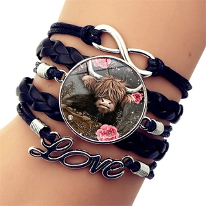 Hochlandrind Mehrlagig Gewebtes Armband Für Damen Kunstleder Legierung Unendlichkeitssymbol Love Anhänger Glas Cabochon Armband