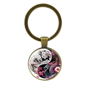 Yin-Yang Drachen Glas-Cabochon Schlüsselanhänger mit Kirschblüten und Bronze-Legierung