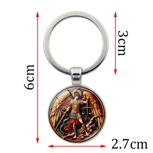Archangel Michael metal keychain pendant with glass cabochon religious art design