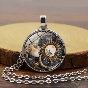 Vintage Sonne Und Mond Zeit-Edelstein Anhänger Halskette Legierung Glas Cabochon Himmlischer Boho Stil Schmuck Für Damen Herren
