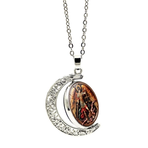 Archangel Michael rotating crescent moon necklace with vintage religious art pendant