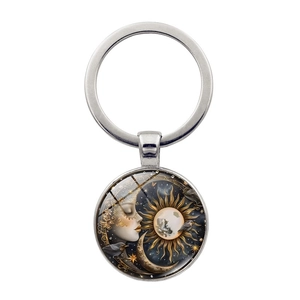Vintage Sun And Moon Time Gem Keychain Glass Cabochon Alloy Keyring Mythology Astronomical Face Art Pendant Key Holder Gift