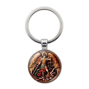 St Michael Archangel Defeating Demon Glass Cabochon Zinc Alloy Keychain Vintage Religious Art Religious Gifts Keyring For Men Women