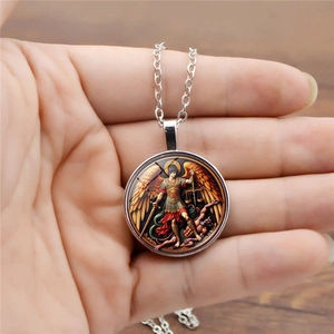 Archangel Michael religious pendant necklace with vintage silver chain for women