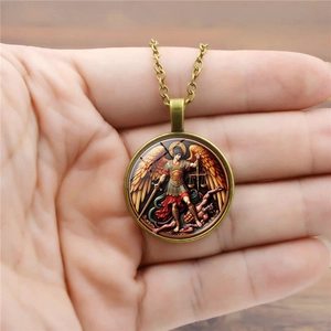 Archangel Michael religious pendant necklace in vintage bronze finish with O-chain