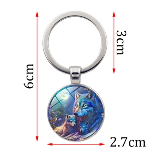 Portachiavi con lupo e luna in vetro artistico, pendente tondo foresta, lunghezza totale 6 cm