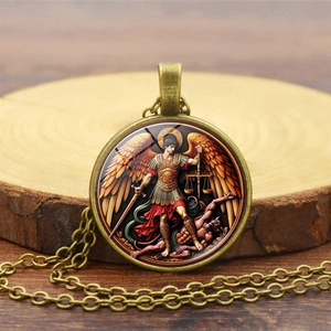 Vintage Archangel Saint Michael pendant necklace in bronze finish with religious art