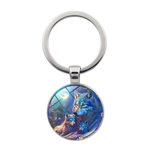 Portachiavi con Ciondolo a Forma di Luna della Famiglia del Lupo Vintage in Lega di Zinco Cabochon in Vetro per Uomo Donna Gioielli