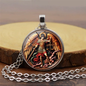 Religious Archangel St Michael Pendant Necklace Vintage Alloy Glass Cabochon Protection Angel Jewelry For Men Women Commuting Gift