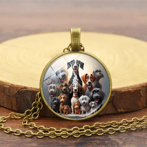 Vintage bronze dog pattern glass pendant necklace on a rustic wooden background