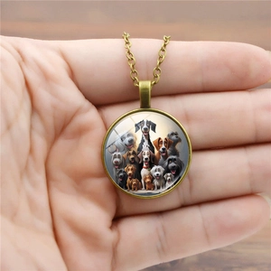 Vintage bronze dog pattern glass pendant necklace with colorful cartoon illustrations