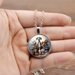 Silver necklace with a round glass pendant featuring a colorful cartoon dog group illustration
