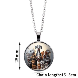 Detail of 25mm dog pattern glass pendant necklace with 45+5cm silver alloy chain
