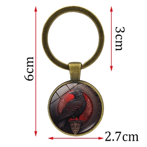 Vintage bronze crow glass gem keychain with dimensions of 6cm total length and 3cm ring
