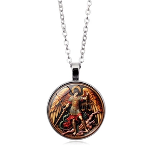 Saint Michael Archangel pendant necklace with silver chain and religious art glass dome