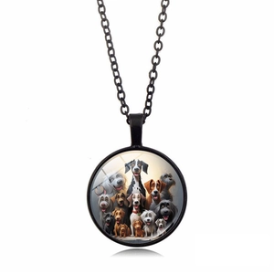 Close-up of glass cabochon pendant necklace with colorful cartoon dog group portrait
