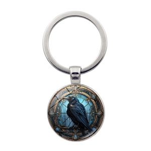 Gothic raven crow glass gem keychain with silver metal frame for backpacks or car keys