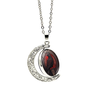 Gothic silver crescent moon necklace with black crow raven glass cabochon pendant