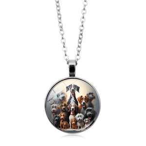 Silver pendant necklace featuring a round glass cabochon with colorful cartoon dog patterns
