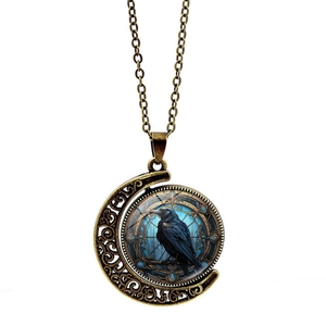 Vintage bronze crow raven crescent moon rotating pendant necklace with gothic glass art