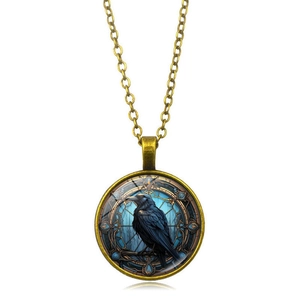 Vintage Bronze Halskette mit einem gothischen Raben Kunst Glasdome Anhänger für Damen