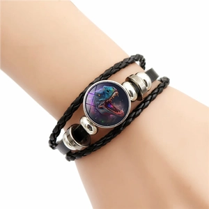 Retro punk multi-layer woven leather bracelet featuring a colorful T-Rex dinosaur charm