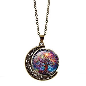 Collier vintage lune en bronze avec pendentif en verre arbre de vie coloré