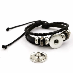 Multilayer black leather woven bracelet with Tyrannosaurus Rex snap button charm