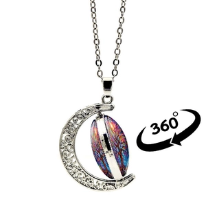 Collier Arbre de Vie rotatif avec cadre croissant de lune et pendentif ovale coloré pivotant