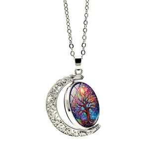 Collier croissant de lune argenté avec pendentif arbre de vie coloré et longue chaîne