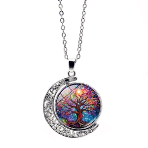 Collier Pendentif Lune Rotative Arbre de Vie Vintage Alliage Verre Cabochon Bijoux Célestes Pour Femmes Argent Bronze
