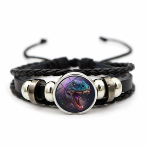 Vintage Punk Tyrannosaurus Rex Dinosaur Pattern Multilayer Woven Synthetic Leather Bracelet Alloy Glass Cabochon Hand Jewelry For Unisex Gift