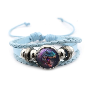 Retro punk multi-layer braided leather bracelet with a realistic T-Rex dinosaur charm